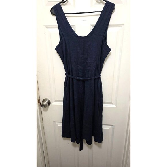 Lands' End Linen Sleeveless V-Neck Midi Dress Tie Waist Navy Blue Women's Size 1 - Picture 2 of 8